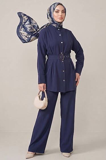 Pens Detaylı Kemerli İkili Takım Lacivert - İkili Takım
