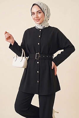 Pens Detaylı Kemerli İkili Takım Siyah - NEVA MODA