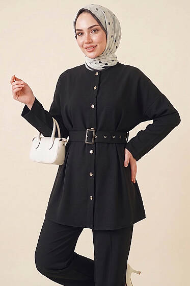 Pens Detaylı Kemerli İkili Takım Siyah - İkili Takım