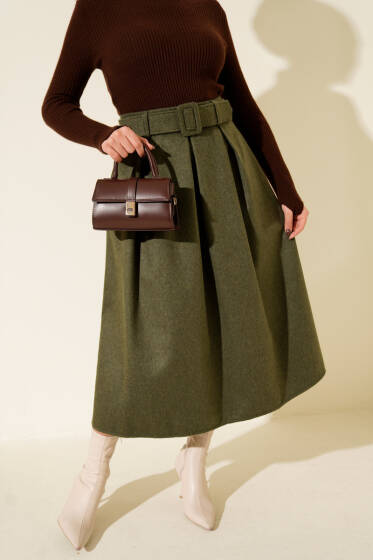 Pens Detaylı Kloş Kaşe Etek Haki - Etek