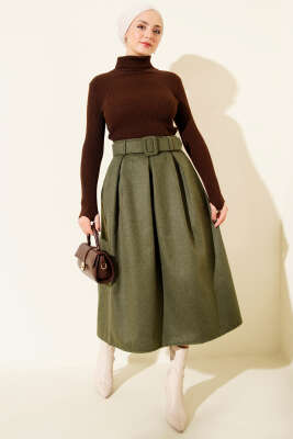 Pens Detaylı Kloş Kaşe Etek Haki - Etek