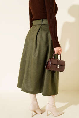 Pens Detaylı Kloş Kaşe Etek Haki - Etek