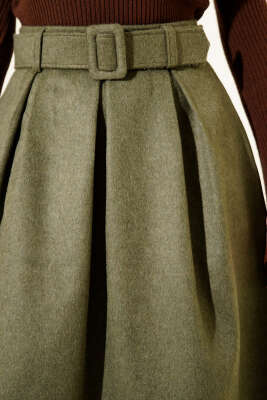 Pens Detaylı Kloş Kaşe Etek Haki - Etek