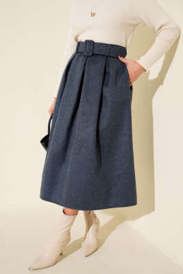 Pens Detaylı Kloş Kaşe Etek İndigo - ESTELLE