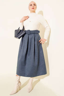 Pens Detaylı Kloş Kaşe Etek İndigo - Etek