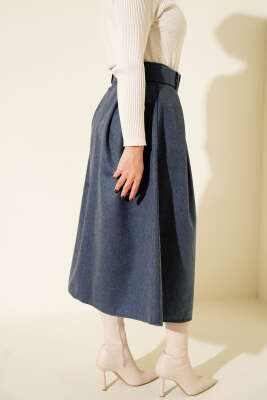 Pens Detaylı Kloş Kaşe Etek İndigo - Etek