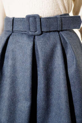 Pens Detaylı Kloş Kaşe Etek İndigo - Etek