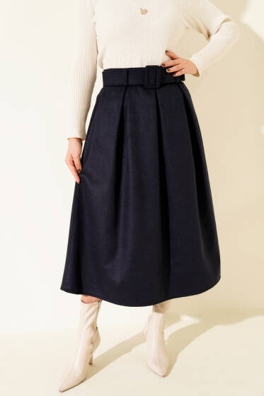 Pens Detaylı Kloş Kaşe Etek Lacivert - Etek