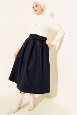 Pens Detaylı Kloş Kaşe Etek Lacivert - Etek