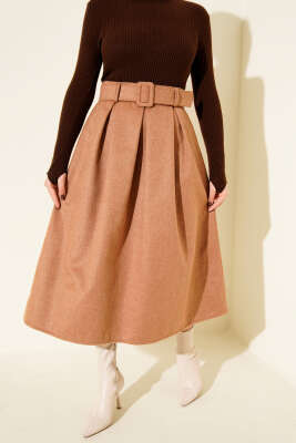 Pens Detaylı Kloş Kaşe Etek Latte - ESTELLE