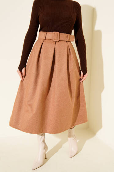 Pens Detaylı Kloş Kaşe Etek Latte - Etek