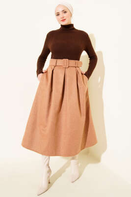 Pens Detaylı Kloş Kaşe Etek Latte - Etek