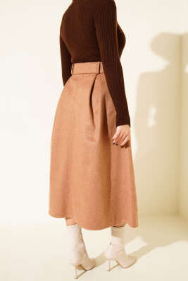 Pens Detaylı Kloş Kaşe Etek Latte - Etek