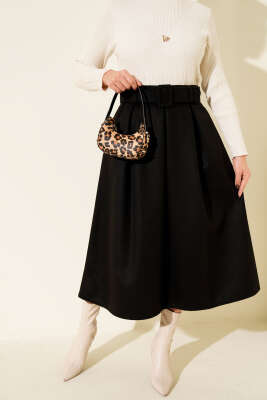 Pens Detaylı Kloş Kaşe Etek Siyah - ESTELLE