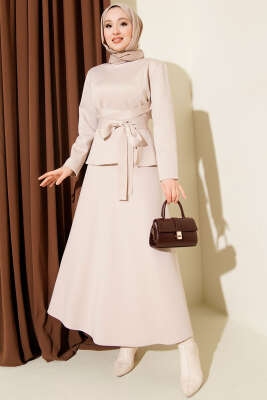 Pens Detaylı Kuşaklı Scuba İkili Etekli Takım Bej - ERME