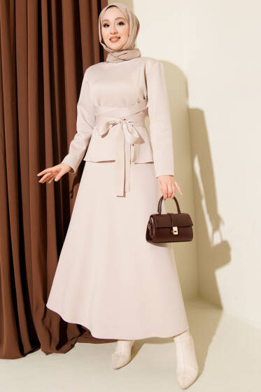 Pens Detaylı Kuşaklı Scuba İkili Etekli Takım Bej - İkili Takım