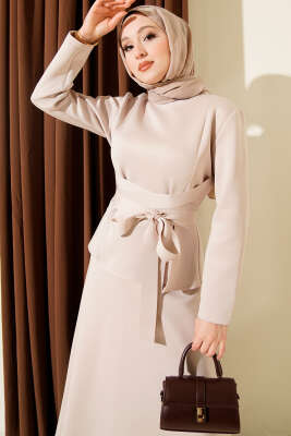 Pens Detaylı Kuşaklı Scuba İkili Etekli Takım Bej - İkili Takım