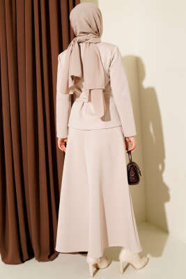 Pens Detaylı Kuşaklı Scuba İkili Etekli Takım Bej - İkili Takım