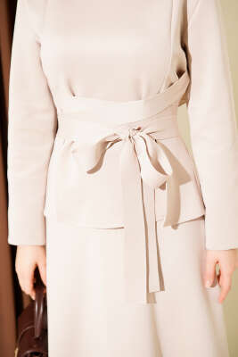 Pens Detaylı Kuşaklı Scuba İkili Etekli Takım Bej - İkili Takım