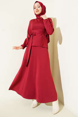 Pens Detaylı Kuşaklı Scuba İkili Etekli Takım Bordo - ERME