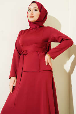 Pens Detaylı Kuşaklı Scuba İkili Etekli Takım Bordo - İkili Takım