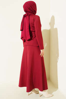 Pens Detaylı Kuşaklı Scuba İkili Etekli Takım Bordo - İkili Takım