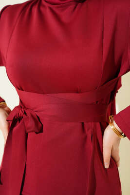 Pens Detaylı Kuşaklı Scuba İkili Etekli Takım Bordo - İkili Takım