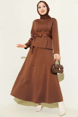 Pens Detaylı Kuşaklı Scuba İkili Etekli Takım Kahve - ERME