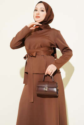 Pens Detaylı Kuşaklı Scuba İkili Etekli Takım Kahve - İkili Takım