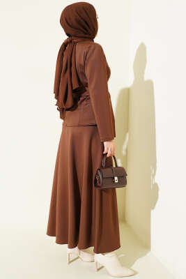 Pens Detaylı Kuşaklı Scuba İkili Etekli Takım Kahve - İkili Takım
