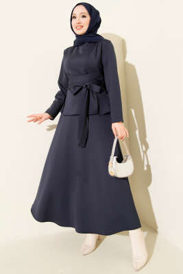 Pens Detaylı Kuşaklı Scuba İkili Etekli Takım Lacivert - ERME
