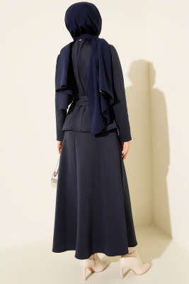 Pens Detaylı Kuşaklı Scuba İkili Etekli Takım Lacivert - İkili Takım