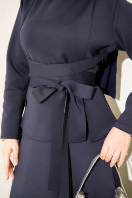 Pens Detaylı Kuşaklı Scuba İkili Etekli Takım Lacivert - İkili Takım