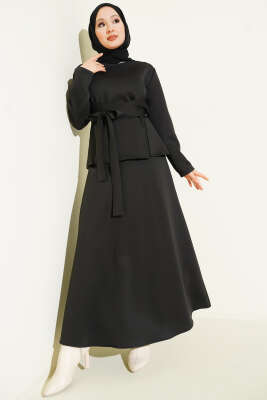 Pens Detaylı Kuşaklı Scuba İkili Etekli Takım Siyah - ERME