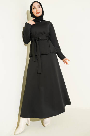 Pens Detaylı Kuşaklı Scuba İkili Etekli Takım Siyah - İkili Takım