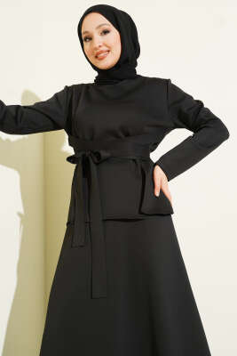 Pens Detaylı Kuşaklı Scuba İkili Etekli Takım Siyah - İkili Takım