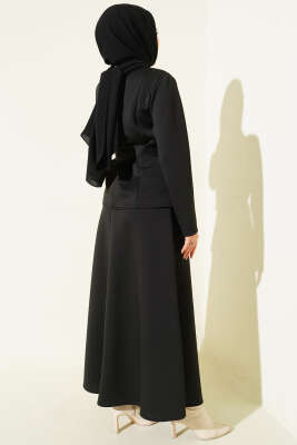 Pens Detaylı Kuşaklı Scuba İkili Etekli Takım Siyah - İkili Takım