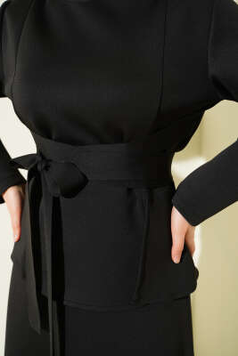 Pens Detaylı Kuşaklı Scuba İkili Etekli Takım Siyah - İkili Takım