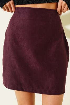 Pens Detaylı Mini Süet Etek Mürdüm - Kadın Giyim Modelleri