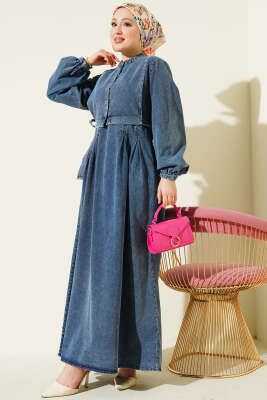 Pens Detaylı Yelekli Kot Elbise Kot Mavisi - ASME