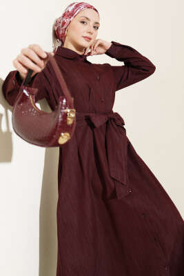 Pensli Boydan Düğmeli Gabardin Elbise Bordo - HATUN