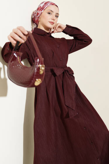Pensli Boydan Düğmeli Gabardin Elbise Bordo - Elbise