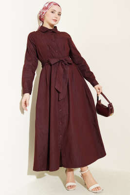 Pensli Boydan Düğmeli Gabardin Elbise Bordo - Elbise