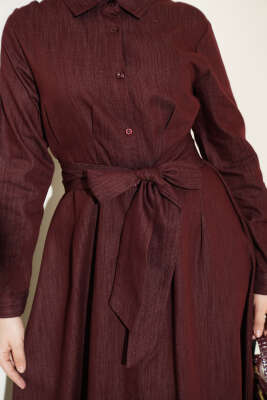 Pensli Boydan Düğmeli Gabardin Elbise Bordo - Elbise