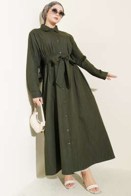 Pensli Boydan Düğmeli Gabardin Elbise Haki - HATUN