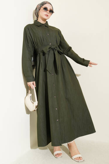 Pensli Boydan Düğmeli Gabardin Elbise Haki - Elbise