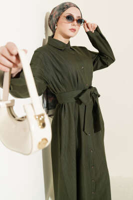 Pensli Boydan Düğmeli Gabardin Elbise Haki - Elbise