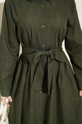 Pensli Boydan Düğmeli Gabardin Elbise Haki - Elbise