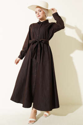 Pensli Boydan Düğmeli Gabardin Elbise Kahve - HATUN