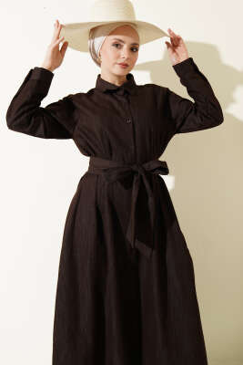 Pensli Boydan Düğmeli Gabardin Elbise Kahve - Elbise